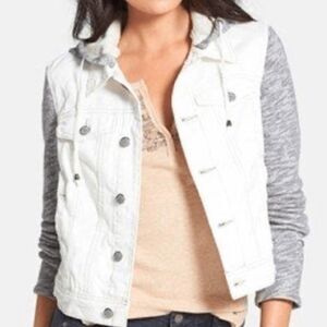 Free People Knit Hooded Denim Jean Jacket Deconstructed Distressed M White Grey